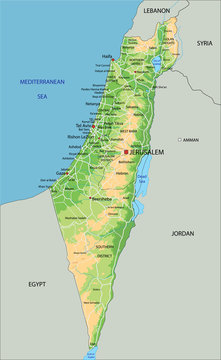 High detailed Israel physical map with labeling.