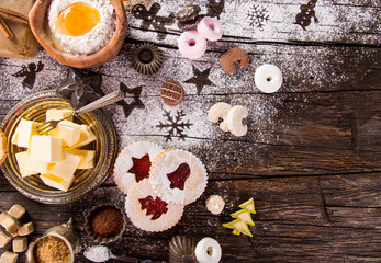 Christmas sweets over wooden background, close-up.