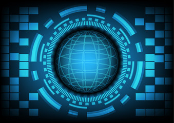 Blue circle of globe with ring and gears on dark blue background. Vector illustration in technology background concept.