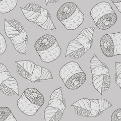 Vector seafood background seamless texture with sushi and rolls