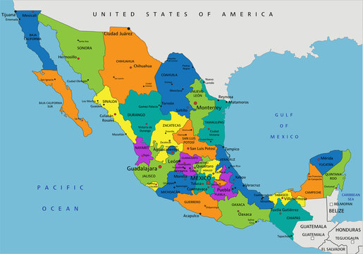 Colorful Mexico political map with clearly labeled, separated layers. Vector illustration.