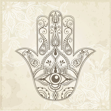 Indian Hand Drawn Hamsa with All Seeing Eye.