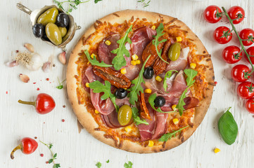 Delicious italian pizza served on wooden table