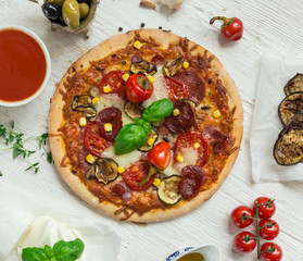 Delicious italian pizza served on wooden table