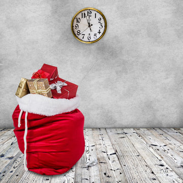 Bag of Santa Claus  on wooden background.