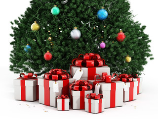 Christmas tree and giftboxes isolated on white background