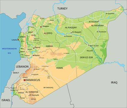 High detailed Syria physical map with labeling.