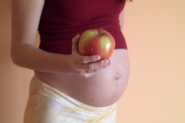 Kobieta w ciąży z jabłkiem - obrazy, fototapety, plakaty