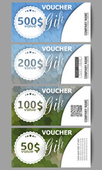 Set of modern gift voucher templates. Polygonal design vector, colorful geometric hexagonal backgrounds