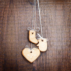 Christmas decoration with snow on wooden background