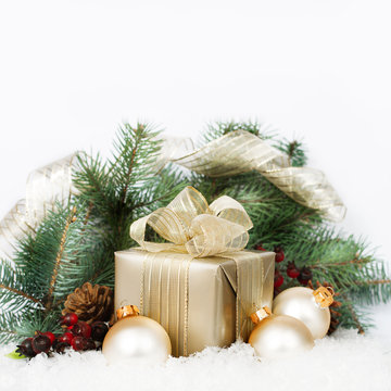 Christmas Presents and Ornaments on white Background
