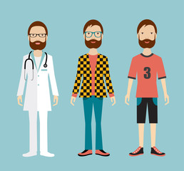 Man outfit to business office, casual and sport. flat illustration.