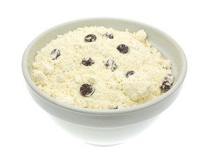 Chocolate chip cookie mix in an old bowl