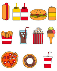Flat line design. Icon set fast food. Vector illustration
