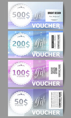 Set of modern gift voucher templates. Abstract wave vector background