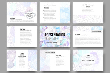 Set of 9 templates for presentation slides. Hand drawn floral doodle pattern, abstract vector background