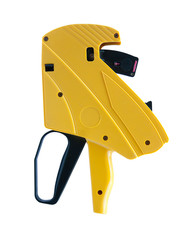 Yellow plastic price label on white