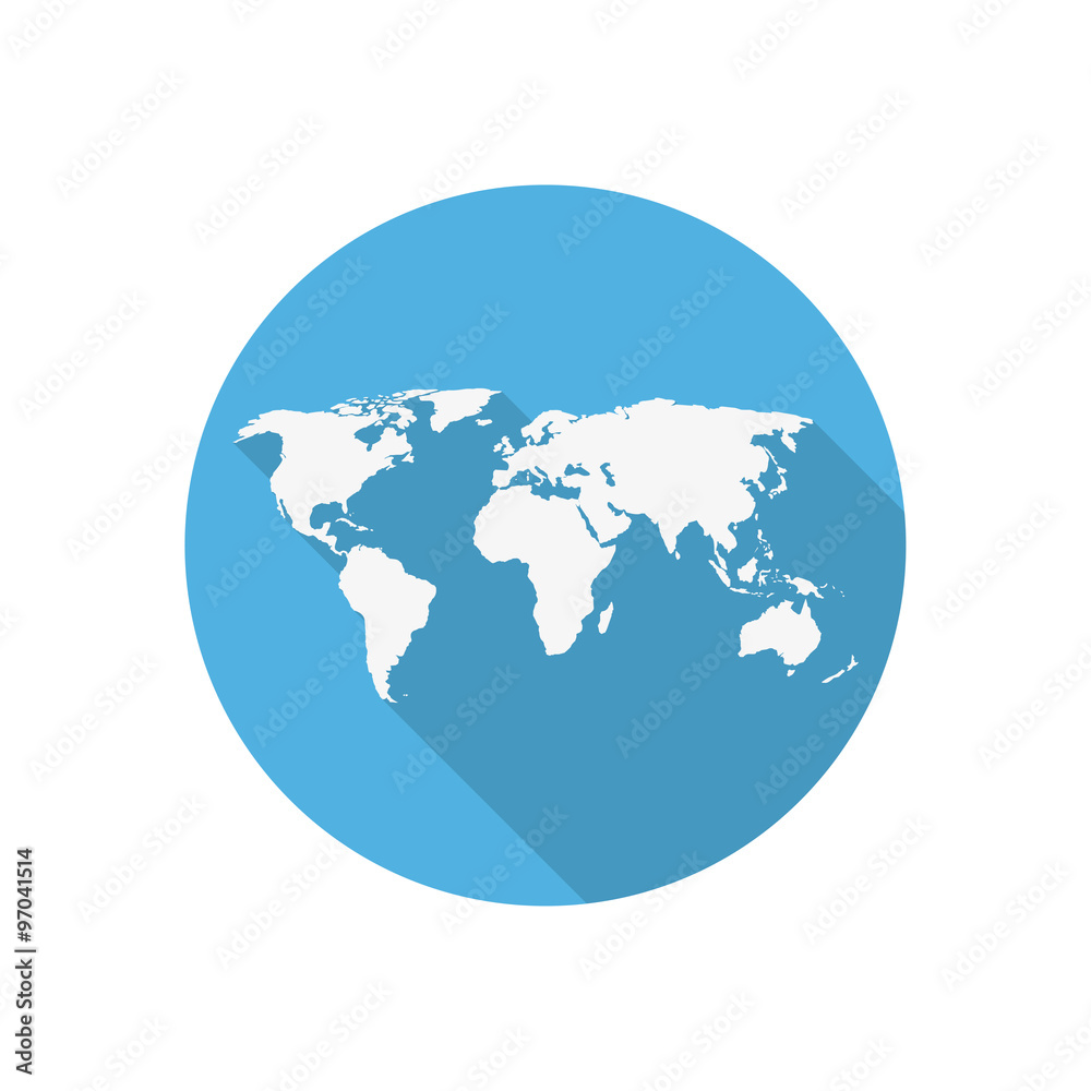 Poster icon world map on a blue circle in a flat design