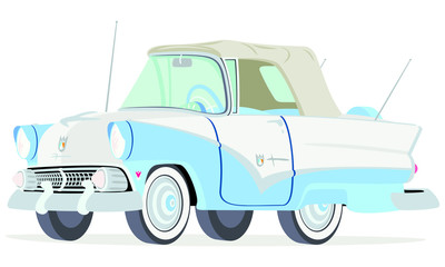 Caricatura Ford Sunliner convertible cerrado blanco y azul vista frontal y lateral