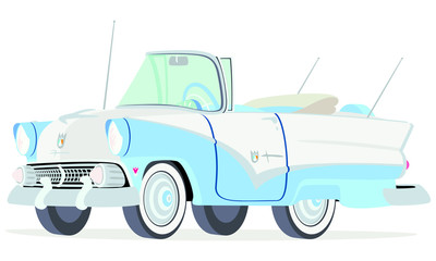 Caricatura Ford Sunliner convertible abierto blanco y azul vista frontal y lateral