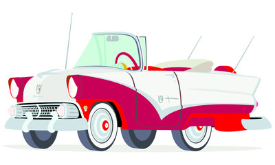 Caricatura Ford Sunliner convertible abierto blanco y rojo vista frontal y lateral