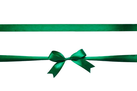 Horizontal green emerald satin ribbon bow on white background isolated