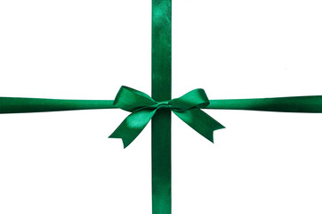 Horizontal green emerald satin ribbon bow on white background isolated