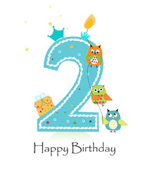 Happy second birthday candle with owls baby boy greeting card vector