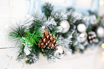 Beautiful Christmas Decoration with Snow, buds and christmas balls