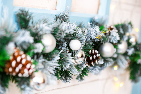 Beautiful Christmas Decoration with Snow, buds and christmas balls