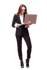 Businesswoman use of laptop computer. Isolated on white background.