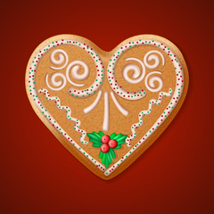 Ornate realistic vector traditional Christmas gingerbread heart. Vector illustration