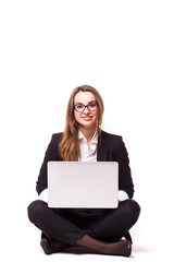 Businesswoman use of laptop computer. Isolated on white background.