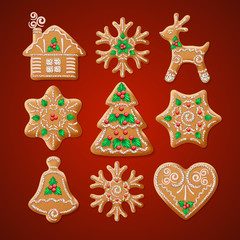 Ornate realistic  set traditional Christmas gingerbread. Vector illustration