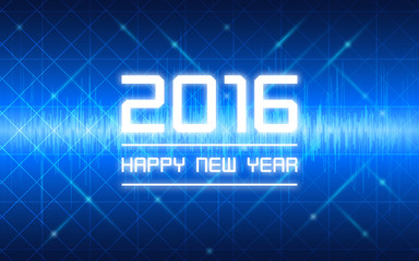 happy new year 2016 in abstract technology wave pattern and grid on dark blue background (vector)