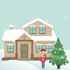 christmas house and fir-tree and winter girl