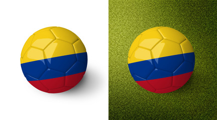 3d realistic soccer ball with the flag of Colombia on it isolated on white background and on green soccer field. See whole set for other countries.