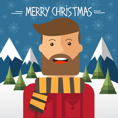 Christmas card with hipster male in flat style