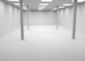 Empty a large room lit by lamps