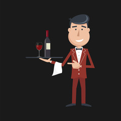 Waiter with wine bottle and wine glass and tray on outstretched arm. Invitation to drink wine. Alcohol Service. Simple flat vector.EPS 10.