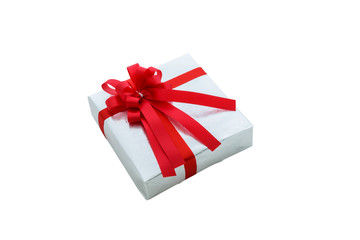 Single silver gift box with red ribbon isolated on white backgro