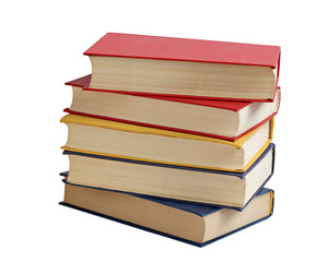 Books in color covers on a white background.