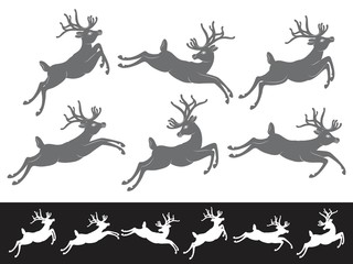 Black vector silhouettes on white background, set of different running and jumping Christmas Reindeer


