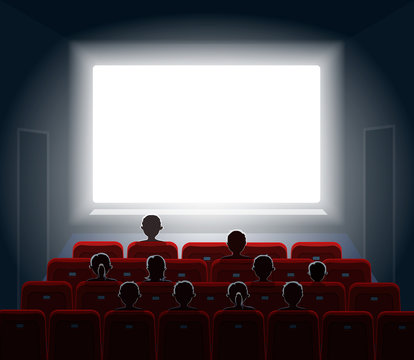 People Watching Movie At Cinema Hall. Film Screen, Show Or Concert. Illustration