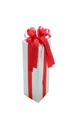 Single silver gift box with red ribbon isolated on white backgro