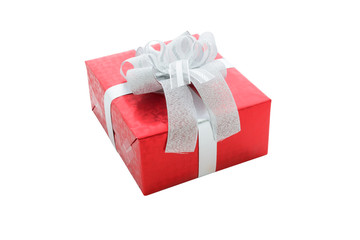 Single red gift box with silver ribbon isolated on white backgro
