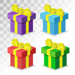 Colorful 3d gift boxes with bows and ribbons vector set