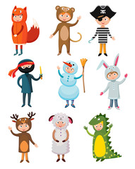 Kids different costumes isolated vector illustration. Dragon, crocodile, sheep, deer, snowman, bear, ninja, rabbit, fox, pirate