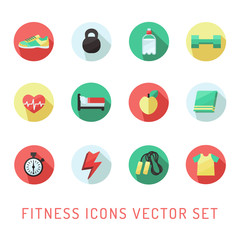 Fitness and sport circle icon multicolored vector set. Flat style design. Vintage colors.