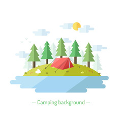 Camping vector flat style background with coniferous trees. Nature background with trees, lake, sun, clouds, expedition tents and bunnies